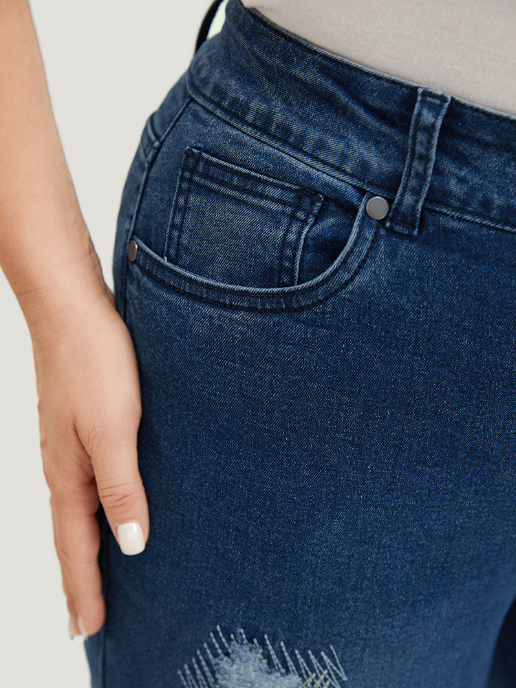 Ripped Embroidered Roll Hem Very Stretchy Jeans