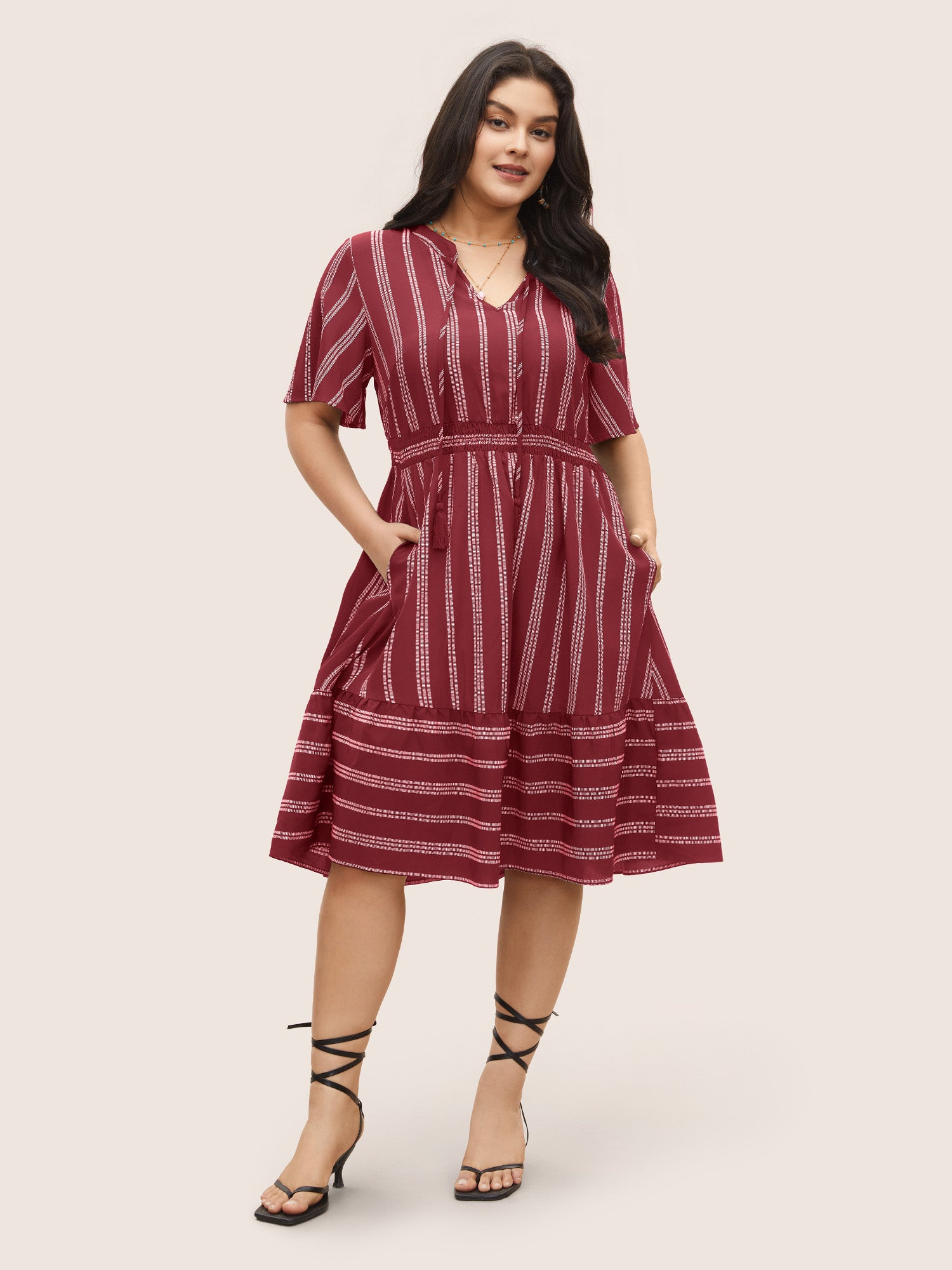 Striped Patchwork Tassels Ties Shirred Dress