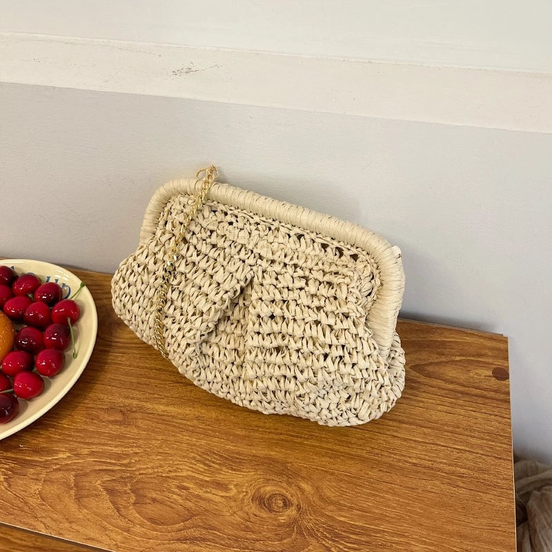 Women's Small Straw Solid Color Elegant Lock Clasp Crossbody Bag