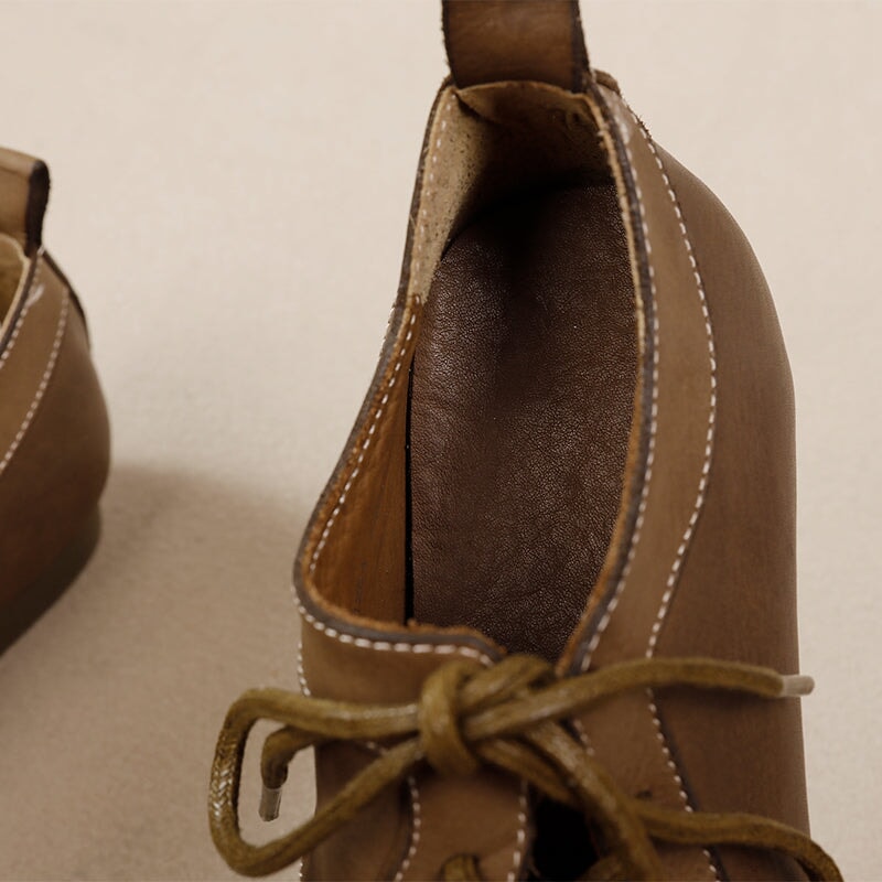 Vintage Big Toe Washed Cowhide Lace-Up Mary Jane Flats Shoes in Camel/Khaki