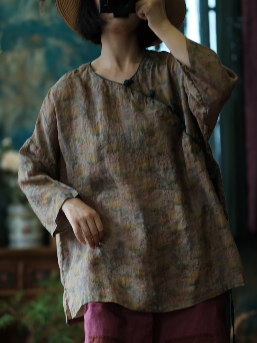 Women Summer Artsy V-Neck Floral Ramie Shirt