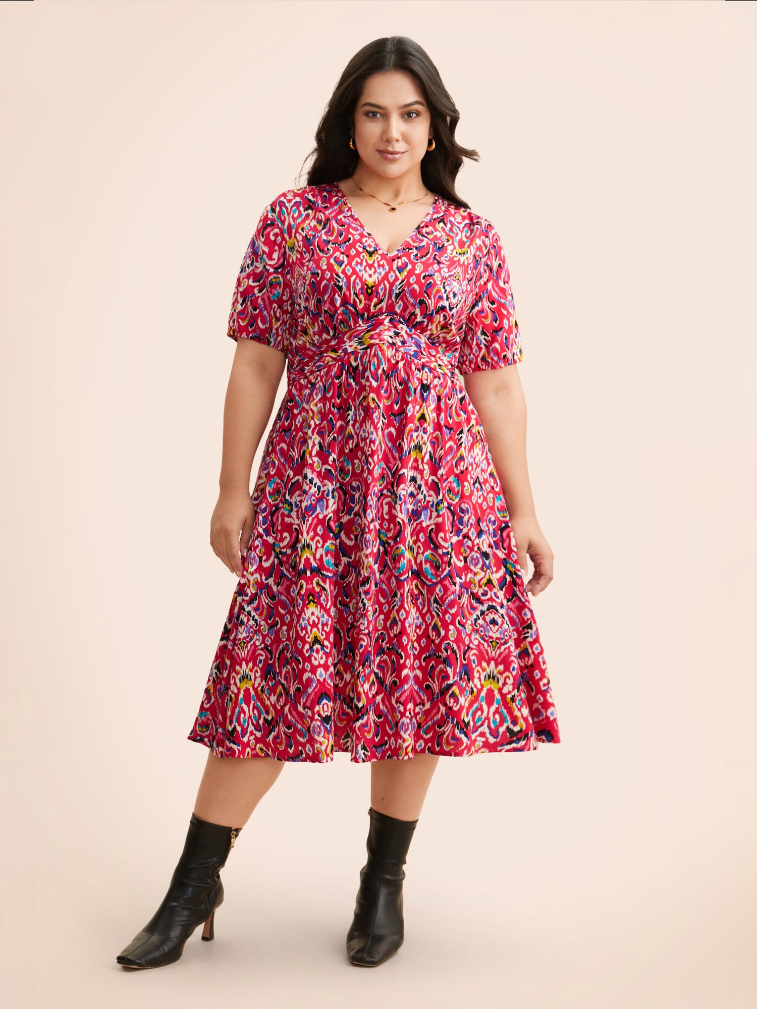 Bandana Print V Neck Shirred Gathered Dress