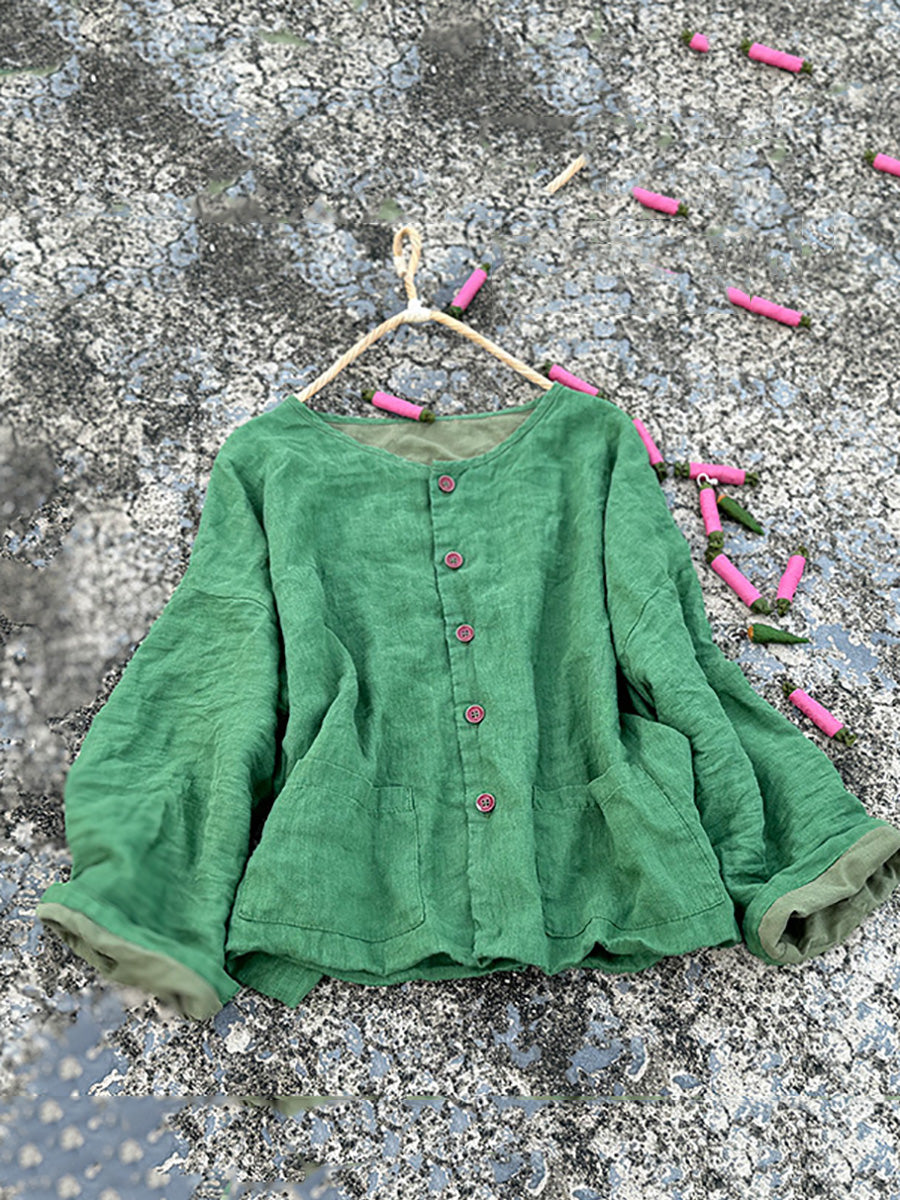 Women Vintage Autumn Pure Color O-Neck Shirt Coat