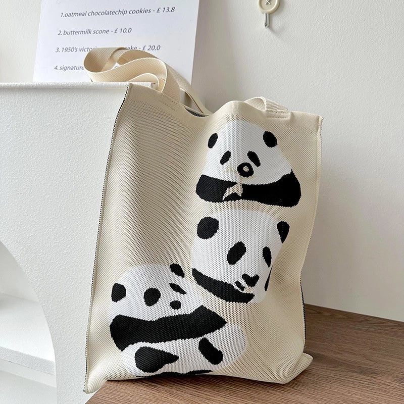 Niche Design Cute Panda Knitted Shoulder Bag Women's Versatile Large Capacity Shopping Commuter Tote Bag Women's Bag