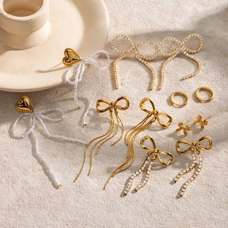 1 Pair IG Style Vacation Minimalist Tassel Bow Knot Inlay 304 Stainless Steel Rhinestones 18K Gold Plated Drop Earrings