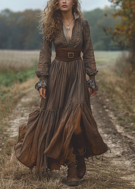 Elegant Dark Coffee Wrinkled Patchwork Cotton Long Dress Fall