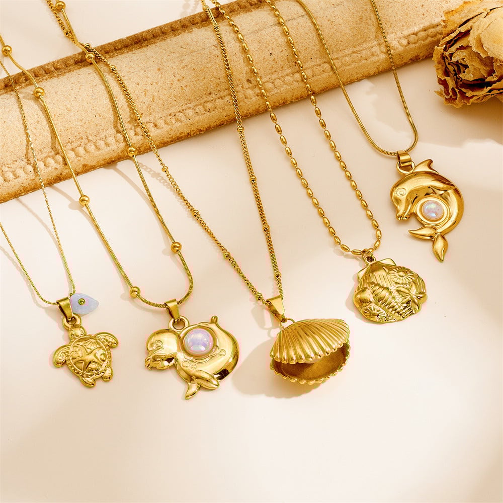 Fashion Ocean Series Accessories Pendant Gold-Plated Stainless Steel Starfish Shell Multi-Element Oil Drop Butterfly Necklace