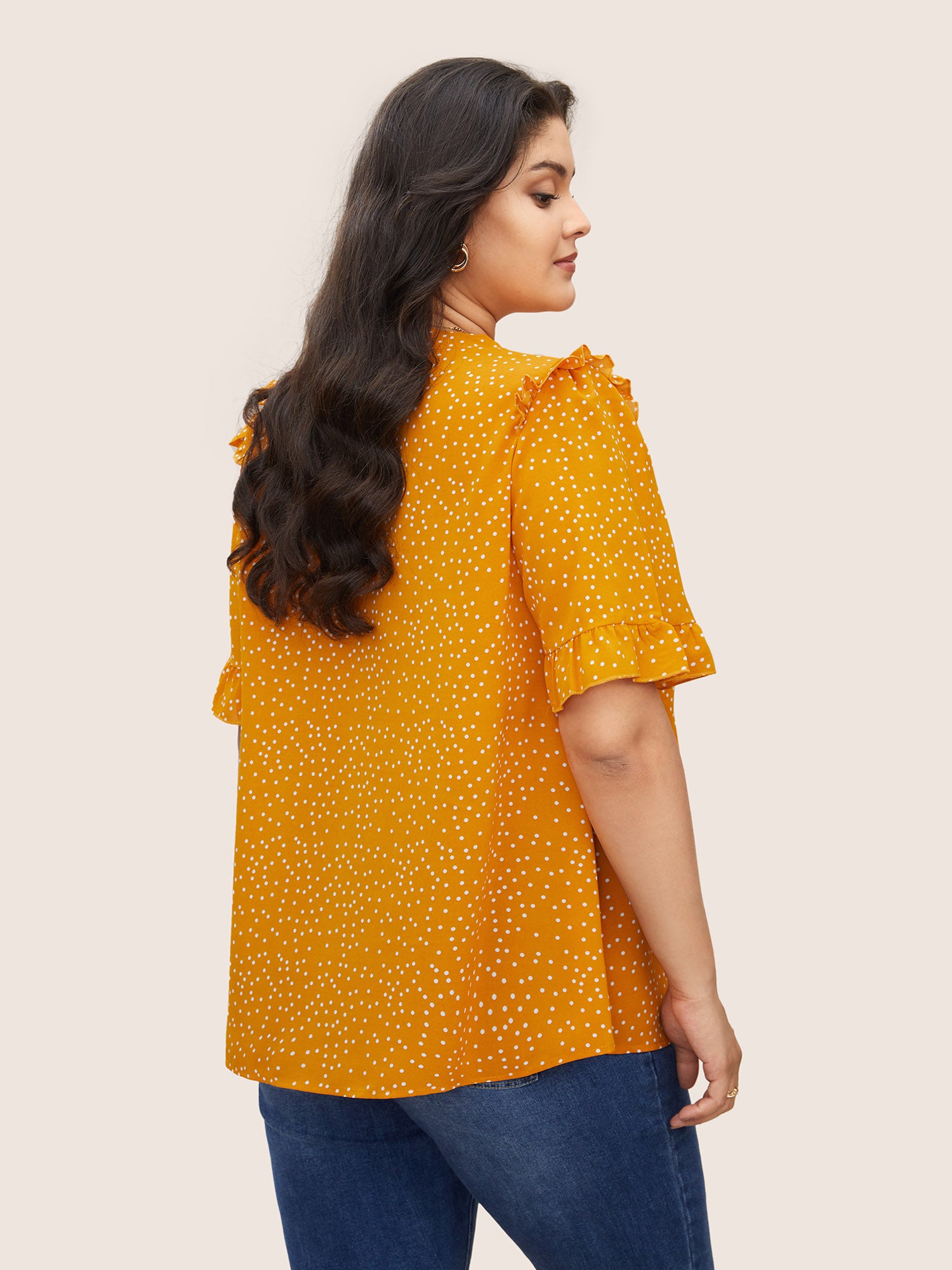 Polka Dot V Neck Ruffle Trim Blouse