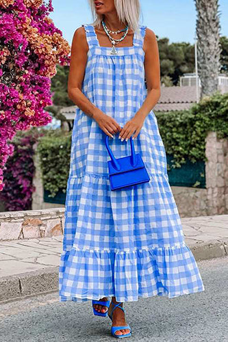 Casual Spaghetti Straps Printed Beach Plaid Maxi Dress