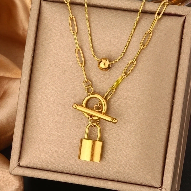 Vintage Style Commute Devil's Eye Heart Shape Lock 304 Stainless Steel Turquoise Rhinestones Pearl 18K Gold Plated Plating Inlay Layered Necklaces