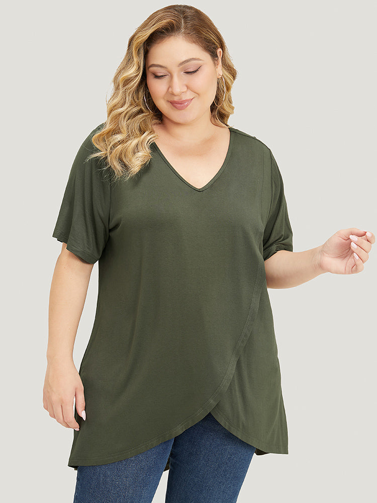 Plain V Neck Wrap High Low Hem T-shirt