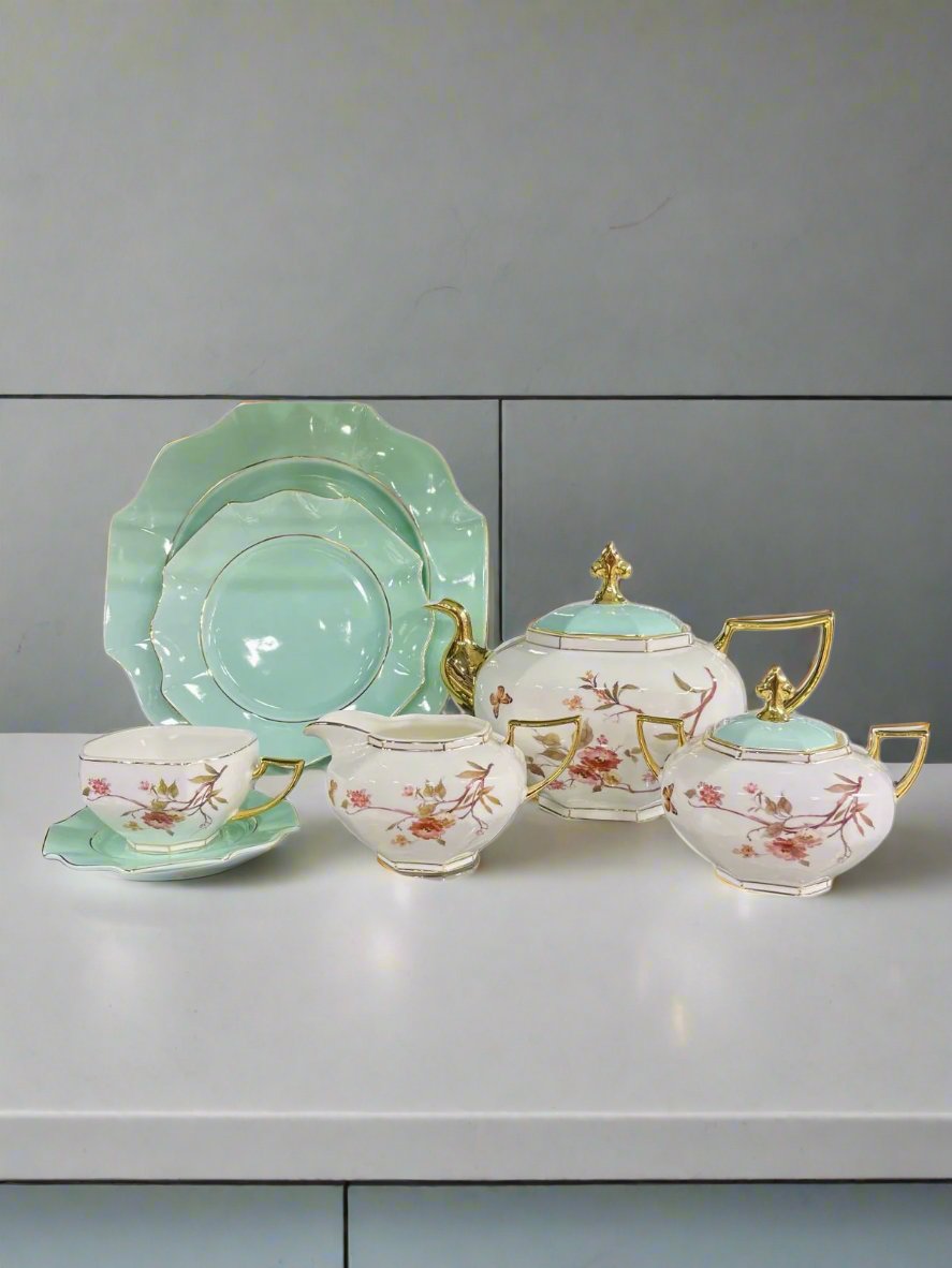 MODERN CERAMIC FLORAL TEASET (WHITE & GREEN)