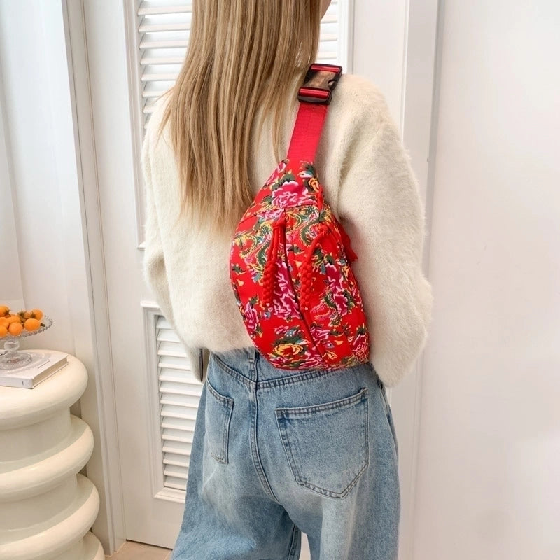 Women's Nylon Flower Vintage Style Classic Style Sewing Thread Square Zipper Shoulder Bag