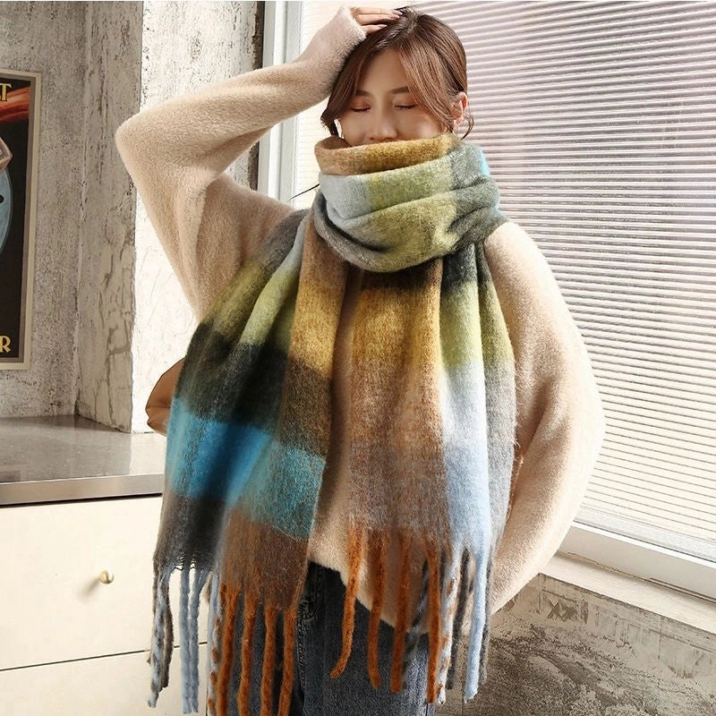 Rainbow Plaid Scarf Women's Autumn And Winter Thickened Mohair Student Couple Contrast Color Matching Thickened