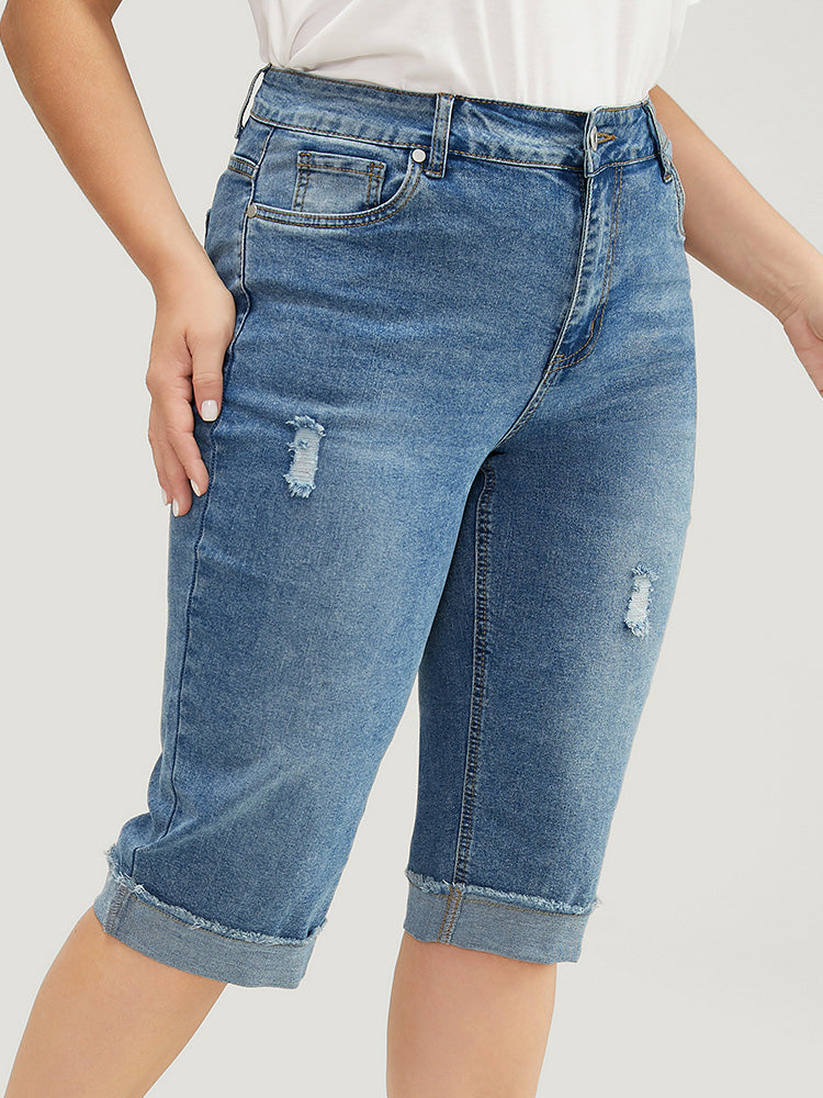 Moderately Stretchy Roll Hem Ripped Knee Denim Shorts