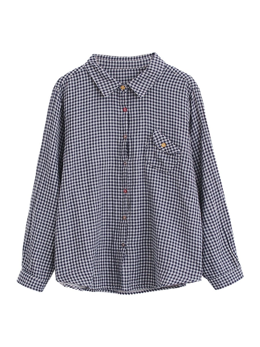 Women Summer Retro Plaid Turn-down Collar Shirt