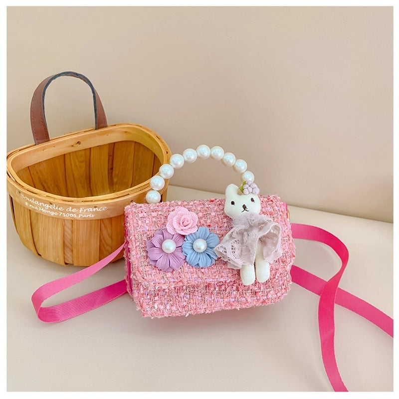 New Girl Bag Pearl Style Portable Trendy Bag Woolen Flower Fashion Girl Princess Crossbody Bag