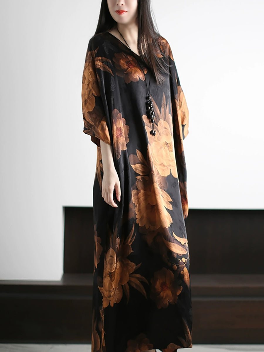 Women Summer Artsy Flower V-Neck Silk Loose Dress