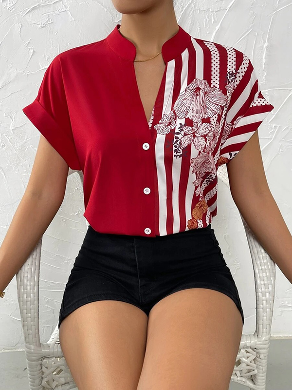 Loose Short Sleeves Buttoned Contrast Color Flower Print Striped V-Neck Blouses&Shirts Tops