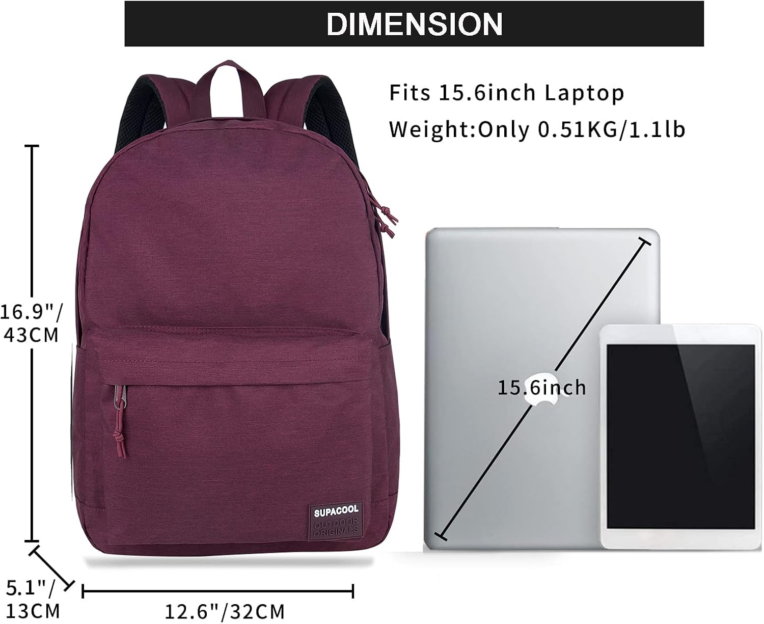 SUPACOOL Casual Laptop Backpack for Men and Women, School Backpack for Boys and Girls, College Bookbag, USB Charging Port, Lightweight Back Pack(Black)