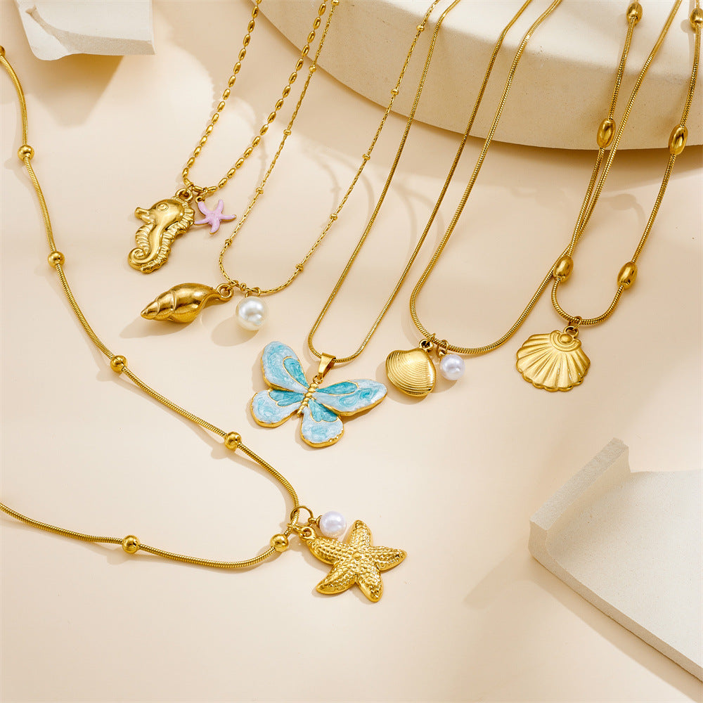 Fashion Ocean Series Accessories Pendant Gold-Plated Stainless Steel Starfish Shell Multi-Element Oil Drop Butterfly Necklace