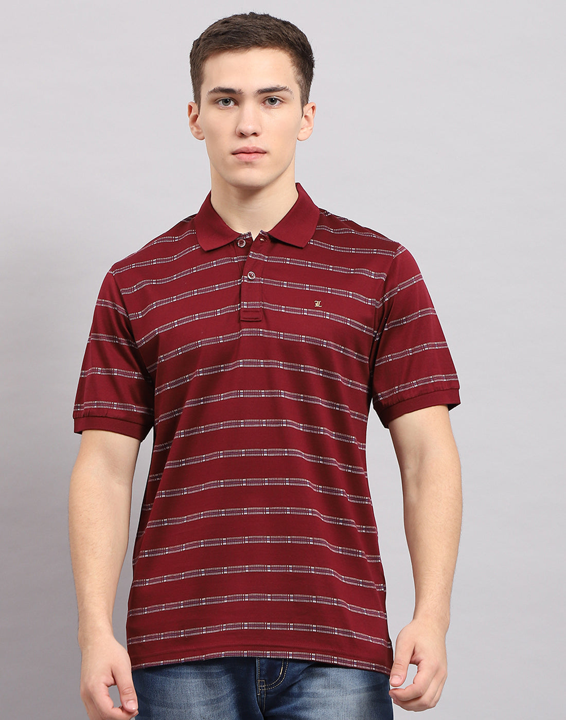 Men Maroon Stripe Polo Collar Half Sleeve T-Shirt