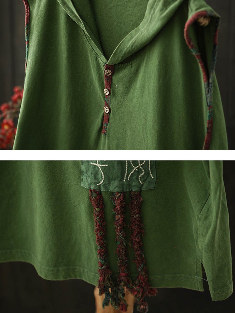 Women Summer Retro Embroidery Cotton Hooded Vest