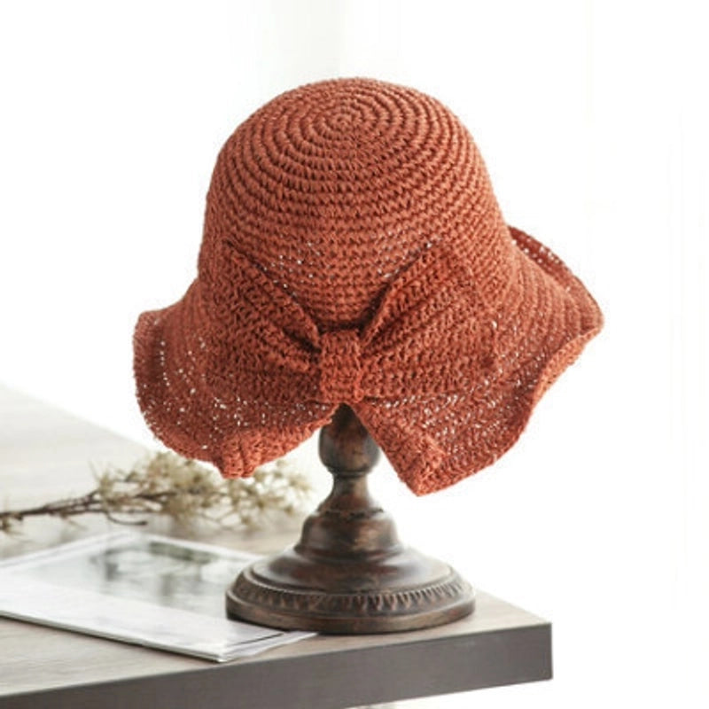 Fisherman Hat Women's Bow Crochet Straw Hat Summer Big Brim Beach Sun-protection Hat
