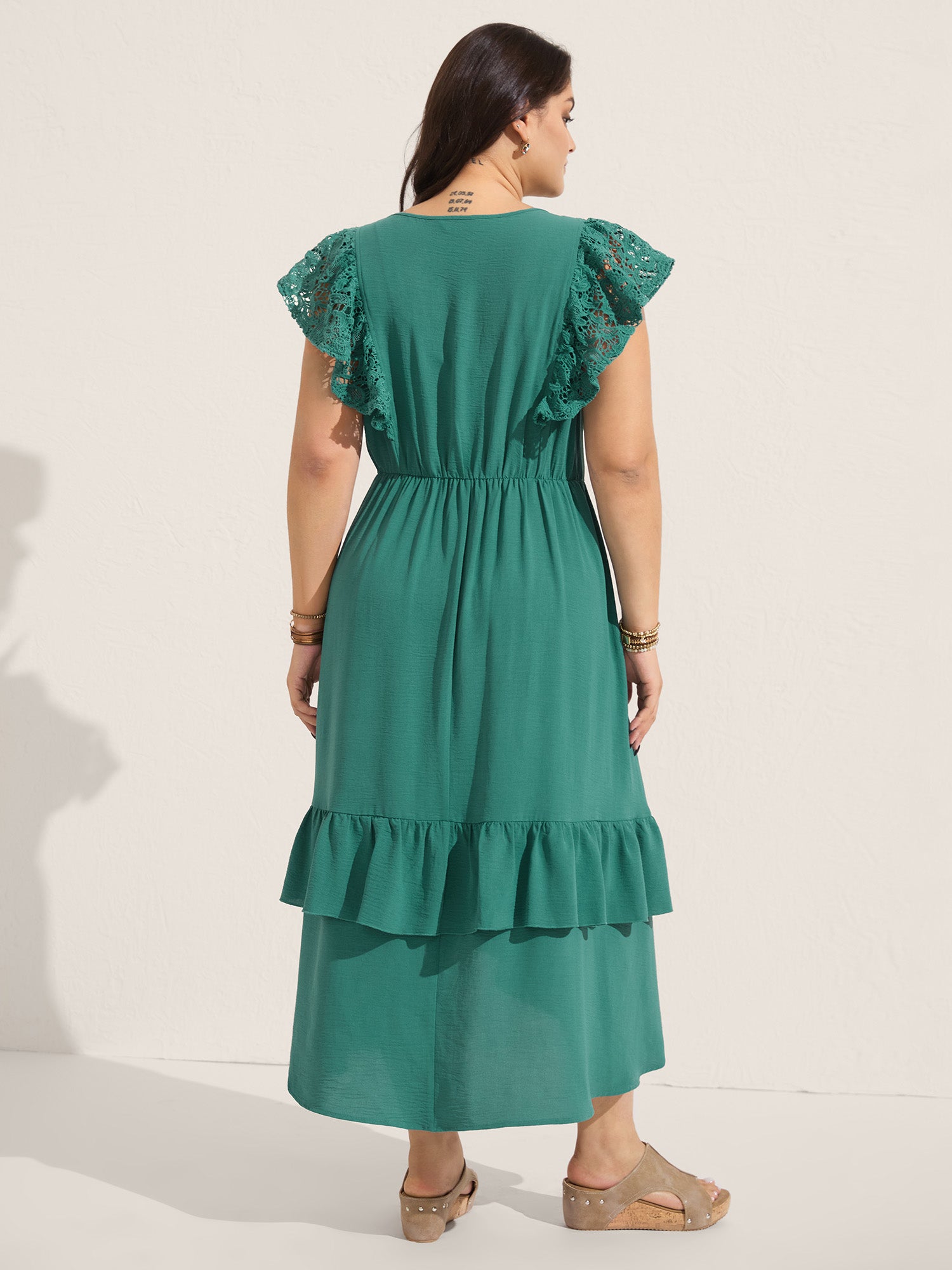 Lace Pleated Ruffled Sleeve Midi Dress