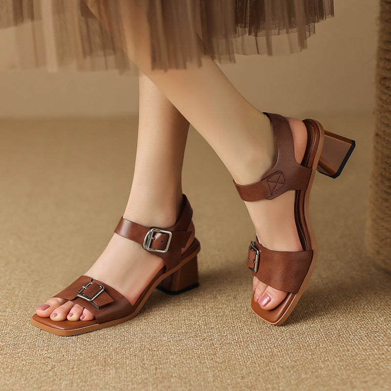 Summer Square Toe Open-Toe 50mm Block Heel Leather Sandals with Metal Buckle in Brown