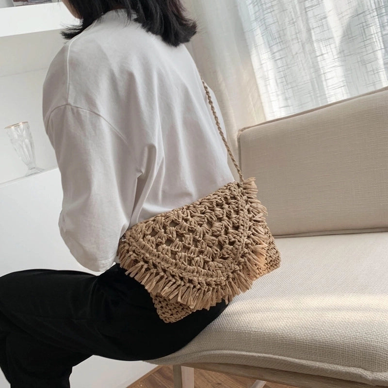 Women's Small Straw Solid Color Beach Weave Zipper Straw Bag
