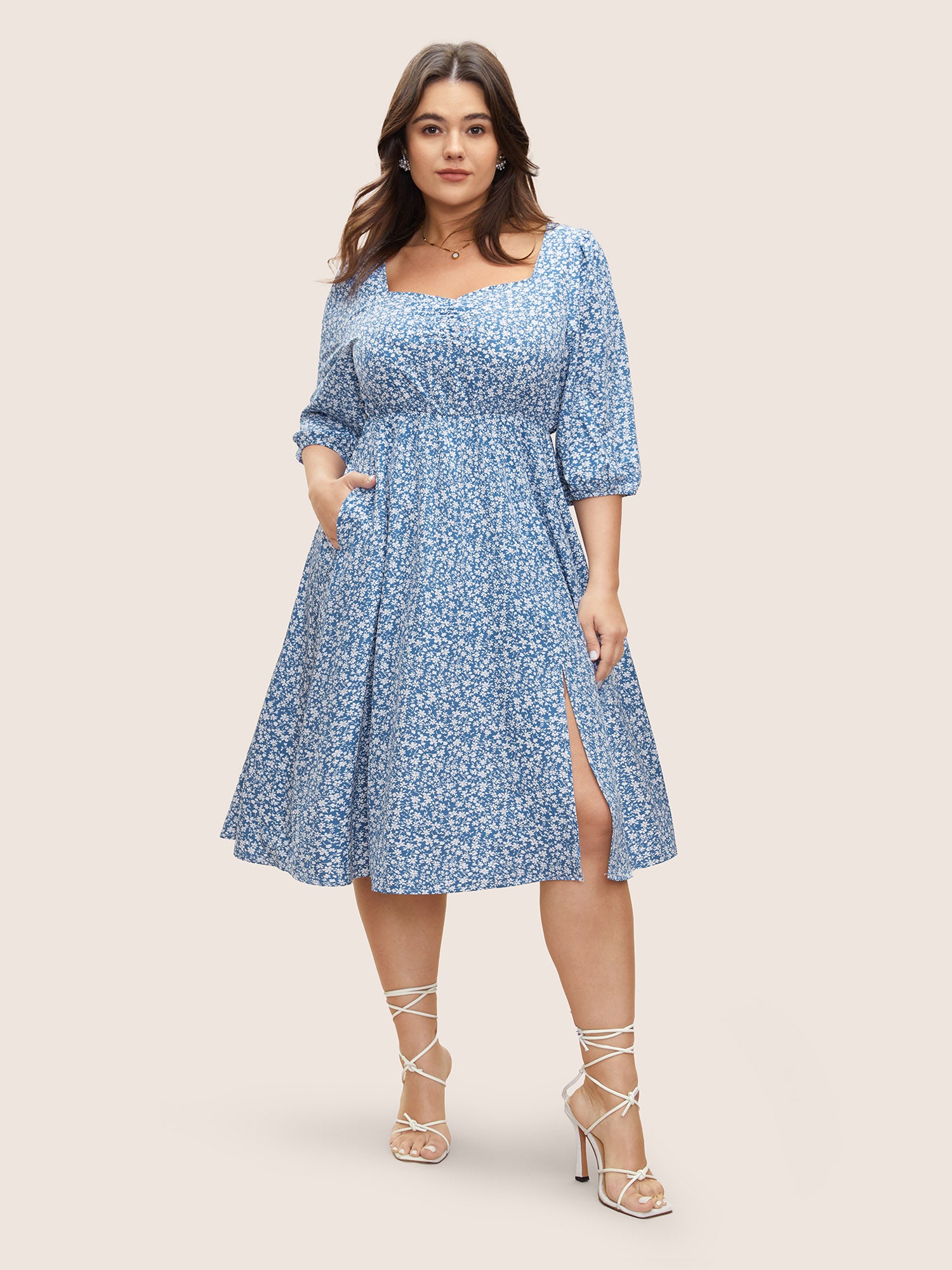 Ditsy Floral Print Square Neck Split Hem Dress