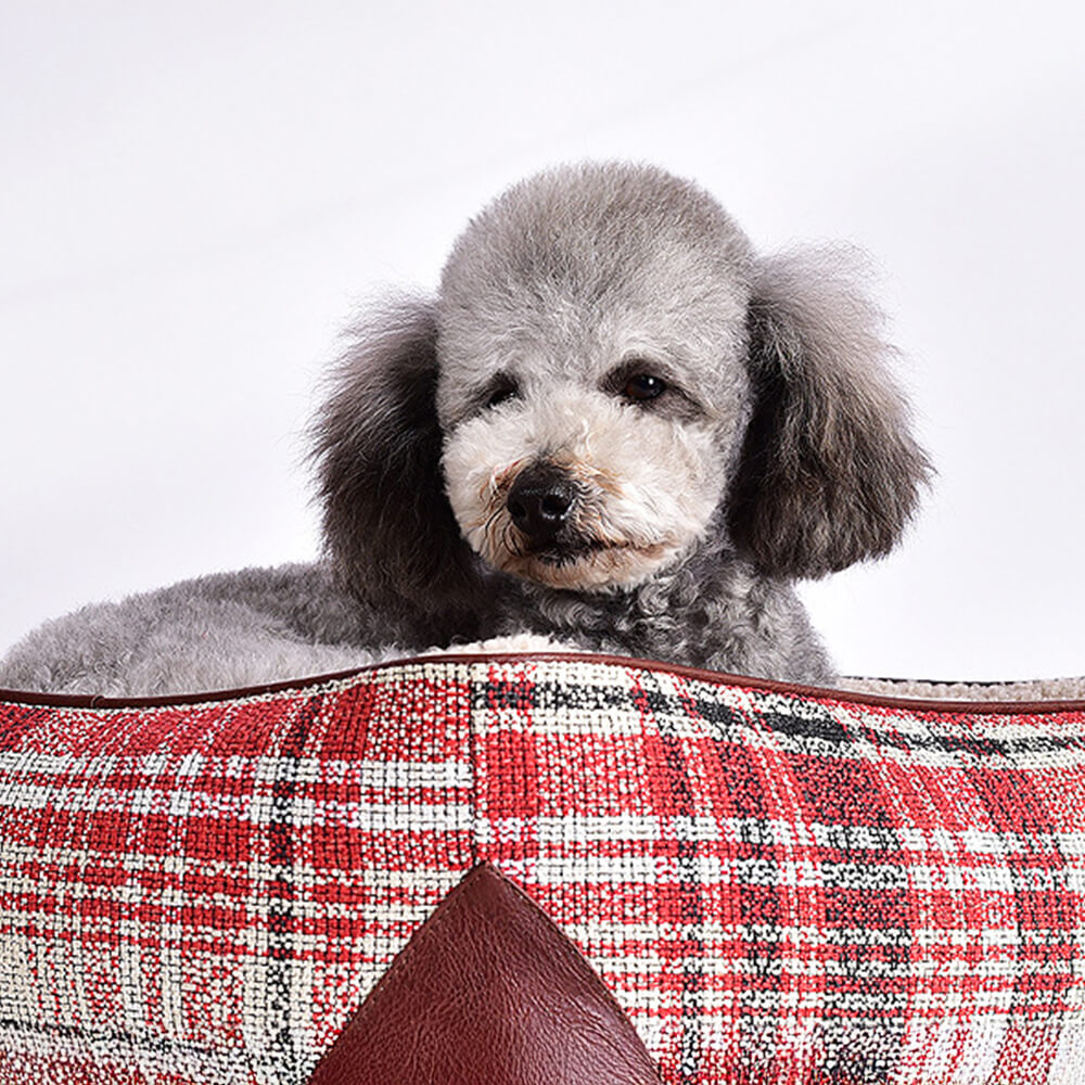 Square Vintage Plaid Faux Sherpa PU Leather Dog & Cat Bed