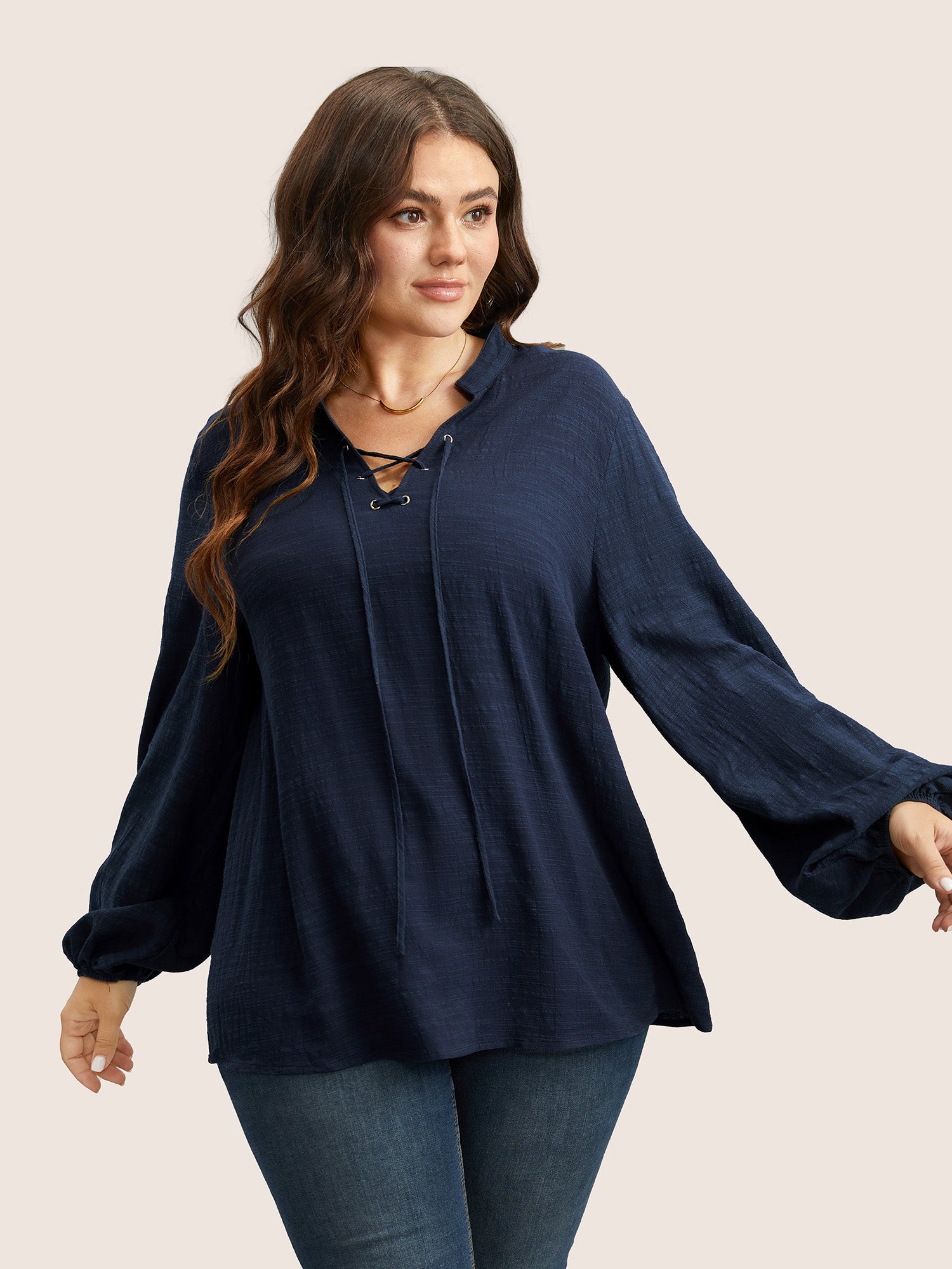 Plain Lace Up Lantern Sleeve Blouse