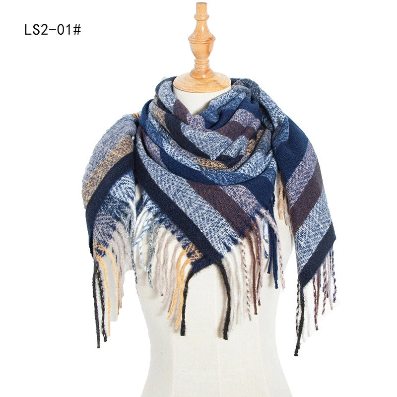 New Circle Yarn Stripe Plaid Polyester Long Tassel Bristle Square Scarf Female Men's Scarf Shawl