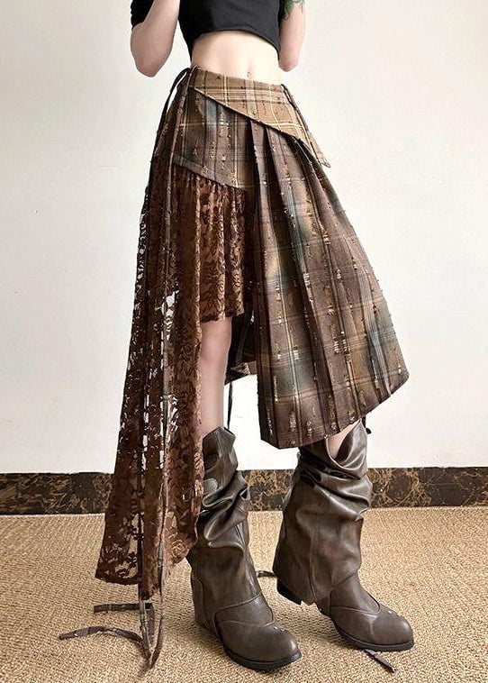 Chic Plaid Asymmetrical Lace Patchwork Cotton Skirt Summer