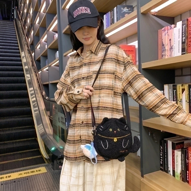Women's Plush Cat Cute Classic Style Streetwear Ornament Sewing Thread Oval Zipper Crossbody Bag Coin Purse