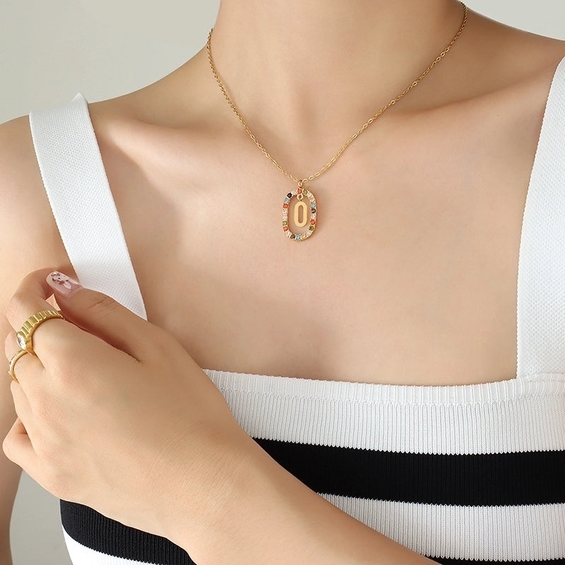 INS Style Letter Oval Titanium Steel Zircon 18K Gold Plated Inlay Necklace