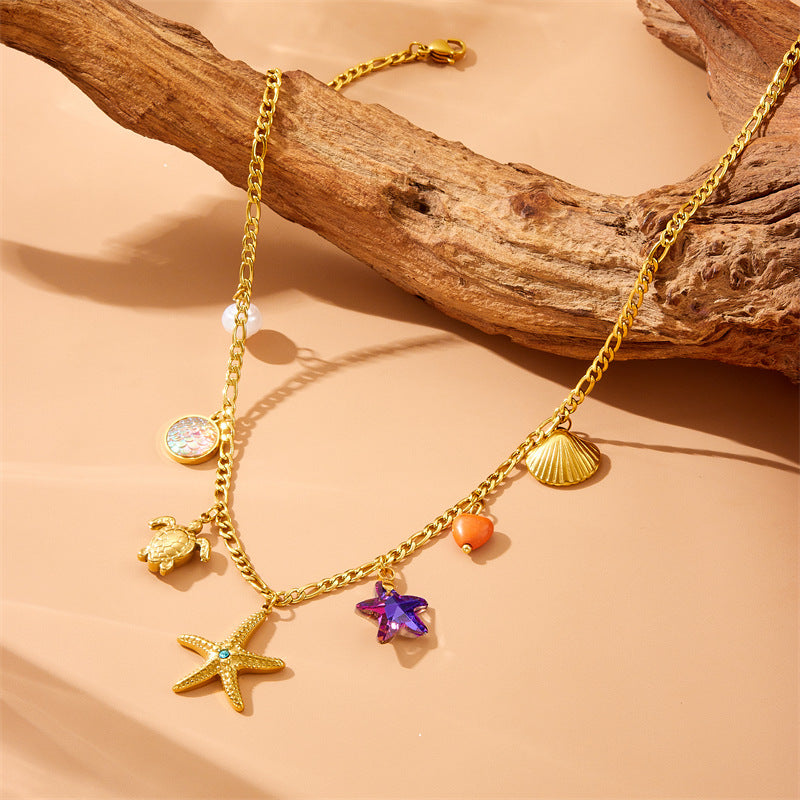 Fashionable Colorful Fish Scale Design Marine Animal Starfish Diamond Turtle Shell Pendant Stainless Steel Necklace