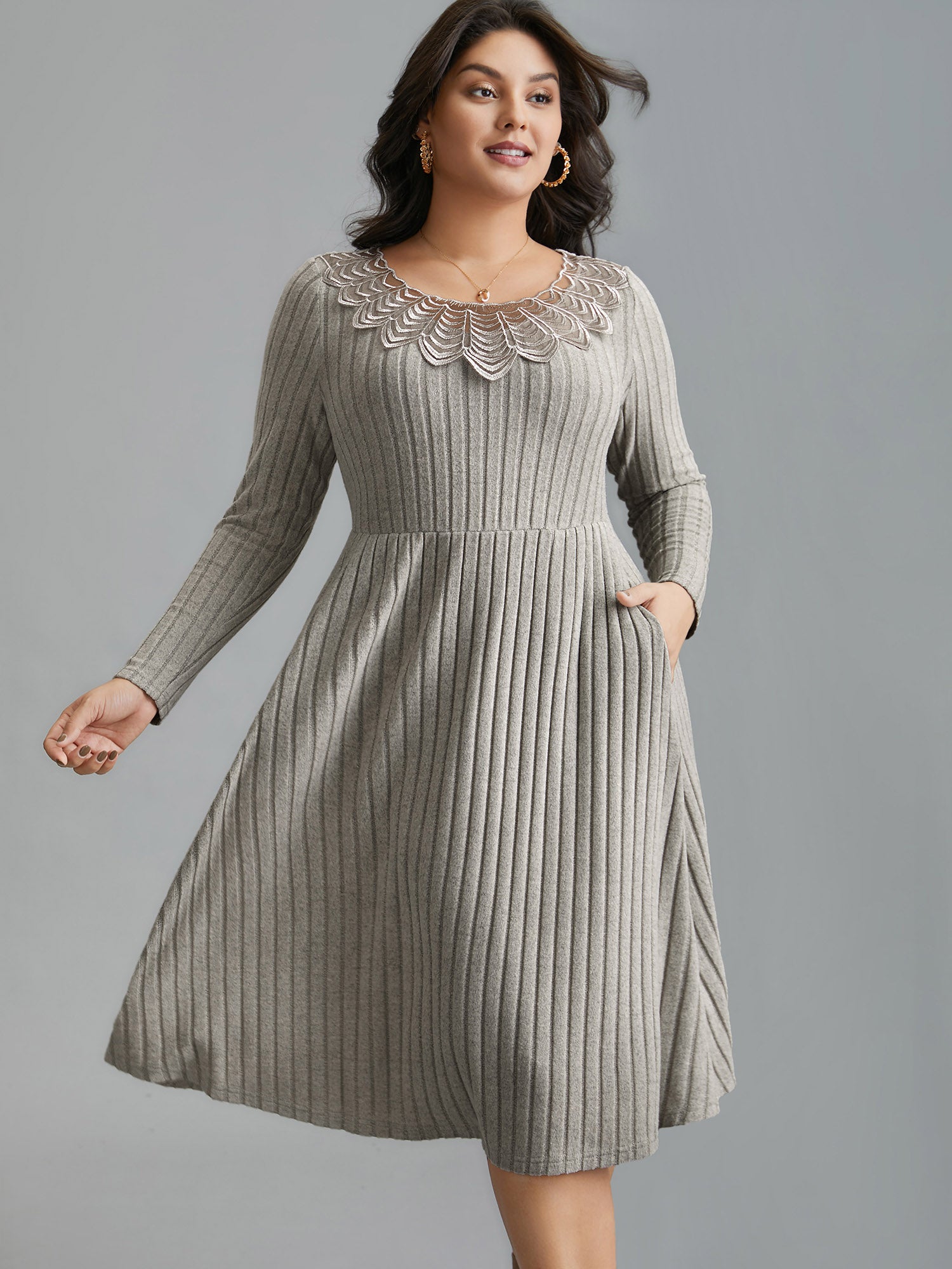 Lace Neck Patchwork Ribbed Knit Dress