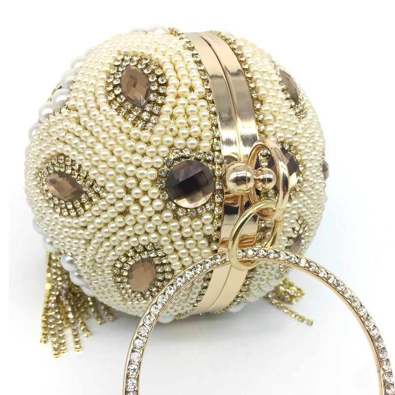 Gold Silver Rhinestone Solid Color Tassel Pearl Round Evening Bags