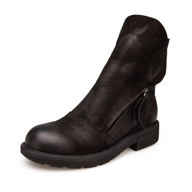Leather Zip Boots Retro Riding Boots Women Chunky Wrinkled Ankle Boots Black/Coffee