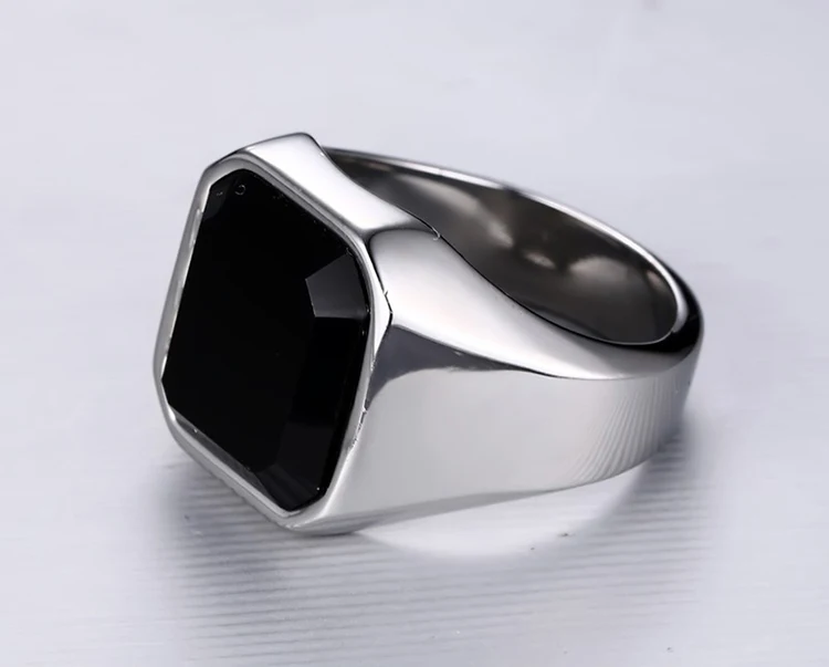 Rings Stainless Steel Black Agate Ring Steel Color Men's Ring Jewelry