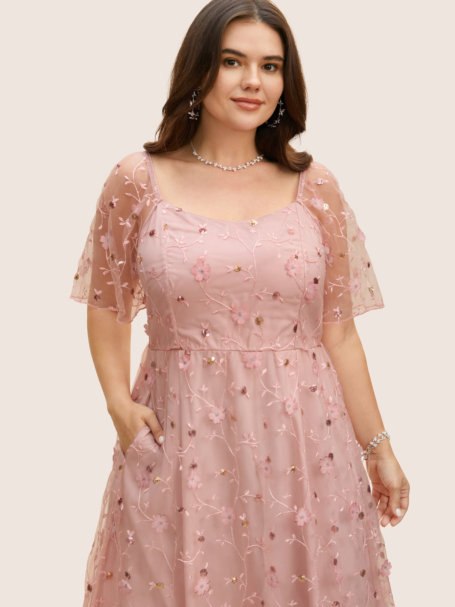 Heart Neckline Floral Embroidered Sequin Mesh Dress