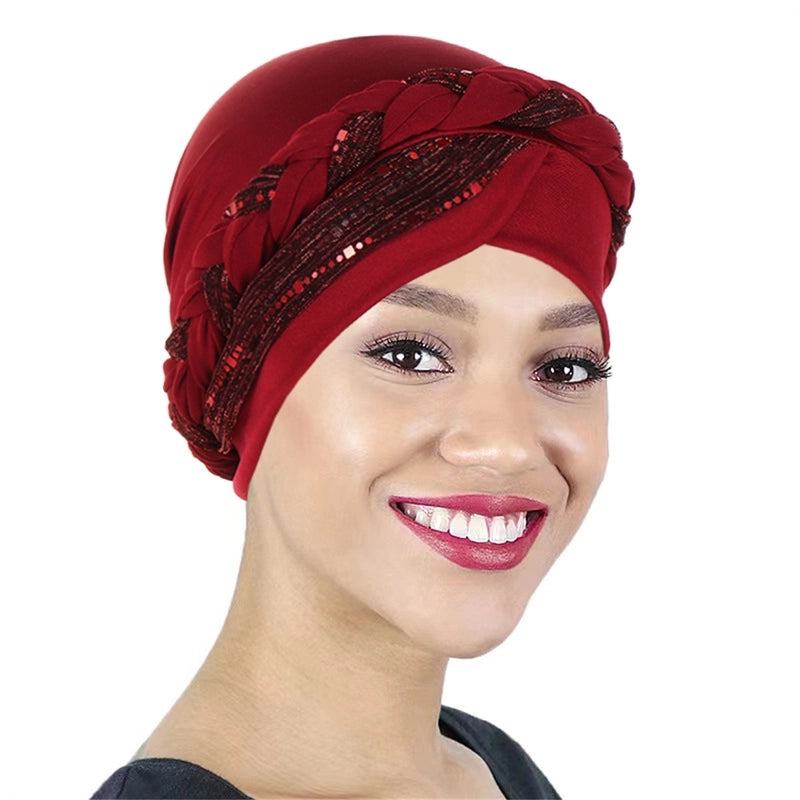 New Sequined Braid Hat Fashion Headscarf Hat Women's Travel Pullover Hat