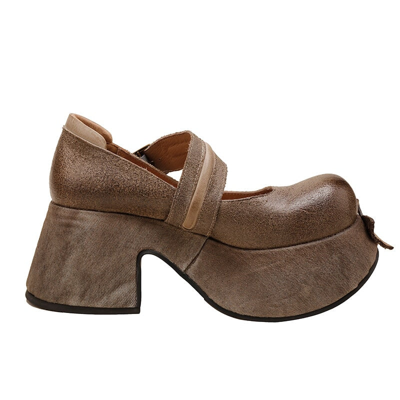 Handmade Retro Leather Mary Jane Shoes For Women 85mm Platform in Coffee/Gray