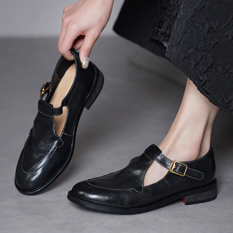 Vintage British Style Soft Leather Mary Jane Shoes Horse Leather T-Strap Sandals Pink/Yellow/Black