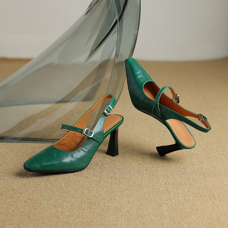 Elegant Square-Toe Slingback Pumps 80mm Kitten Heel Handmade Leather Sandals in Green/Black/Beige