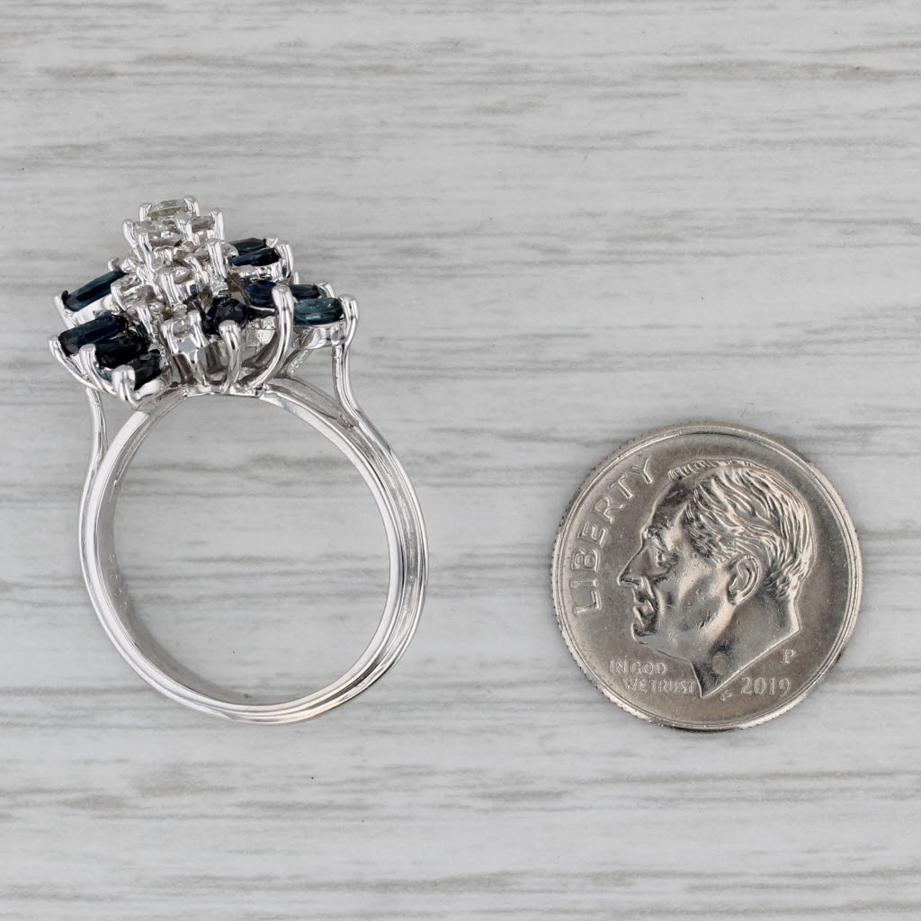 1.77ctw Blue Sapphire Diamond Cluster Cocktail Ring 18k White Gold Size 7.5