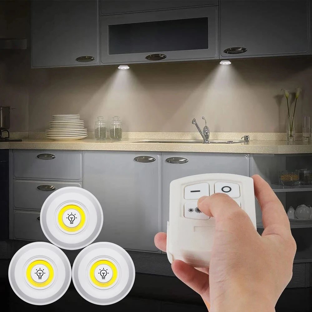 Wireless LED Spotlights with Remote Control with Battery-Powered Under Cabinet Lighting - Set of 3